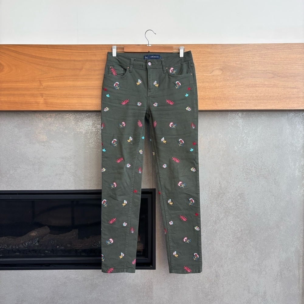 Boden Denim Floral Embroidered Girlfriend Army Green Pants , Size 4L